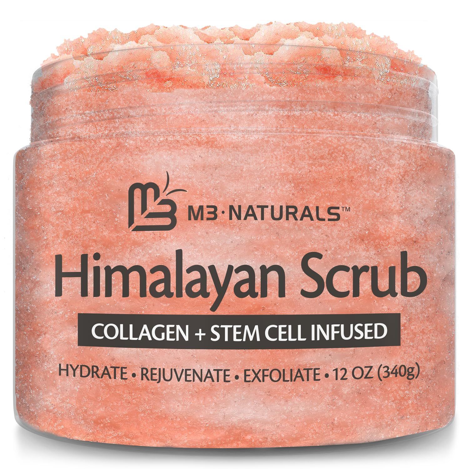 A jar of himalayan scrub with collagen and stem cell infused