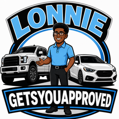 LonnieGetsYouApproved logo with a cartoon salesperson, two cars, and bold blue-and-black text