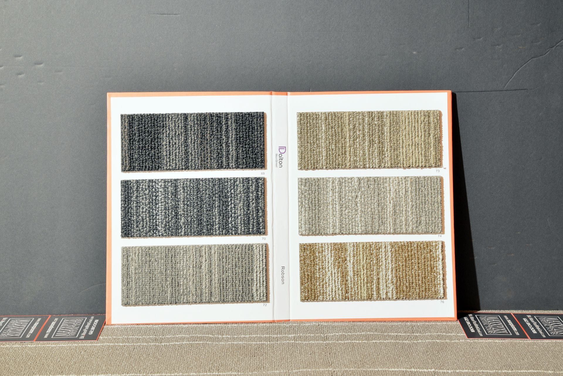 A book is open to a page that says ' carpet ' on it