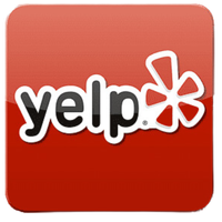 A yelp logo on a red background