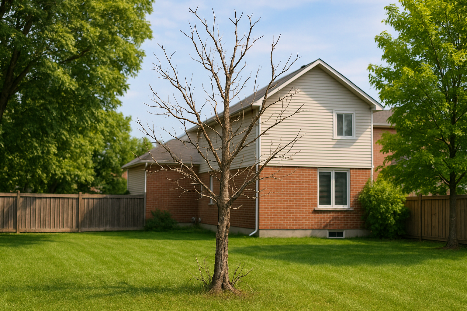 Dead tree in green yard near brick house with blue sky and lush foliage