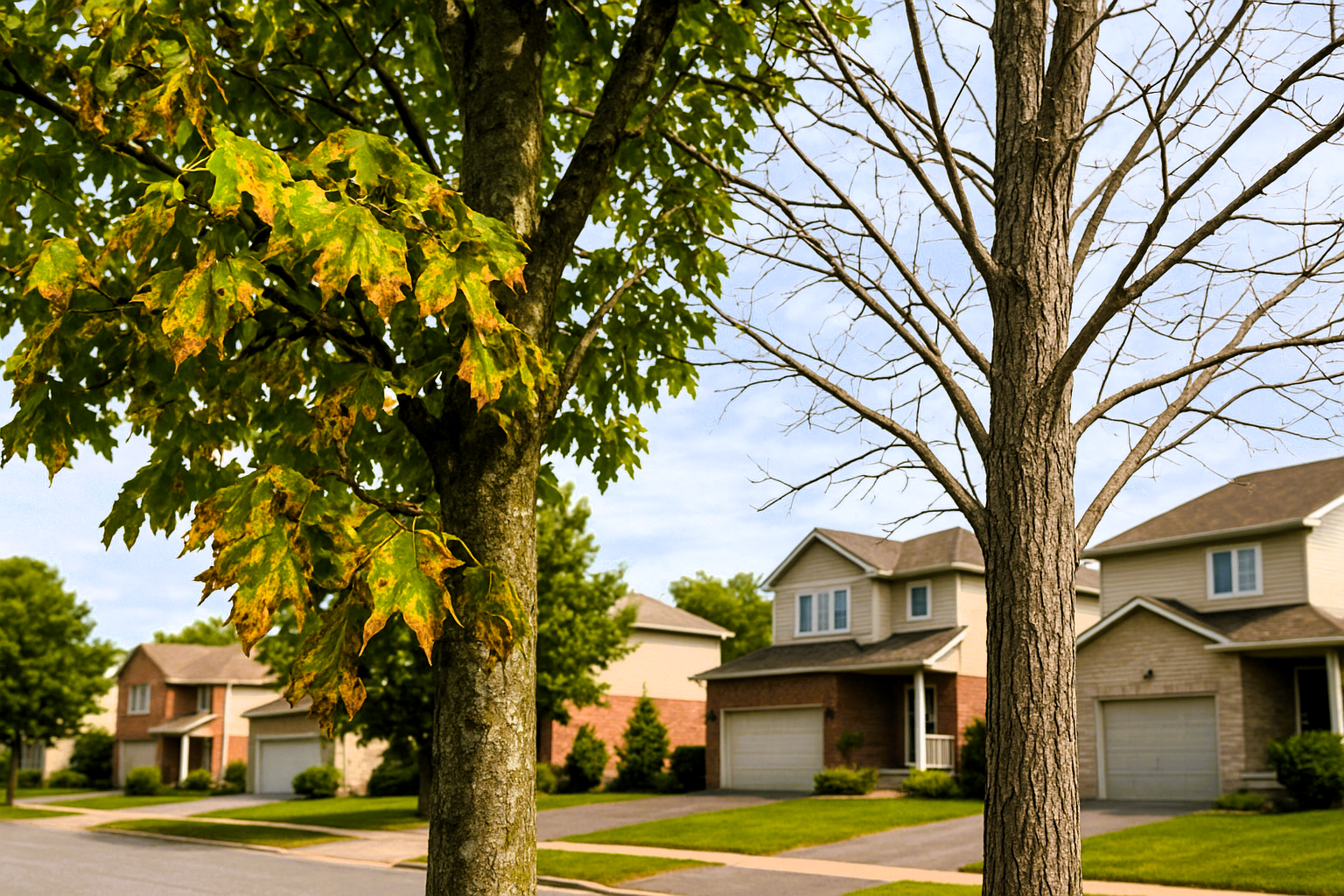 Diseased maple tree next to a dead tree in a suburban yard in Kanata, ON