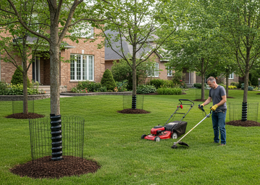 Man using a string trimmer near trees with protective trunk guards in a Kanata, Ontario yard.