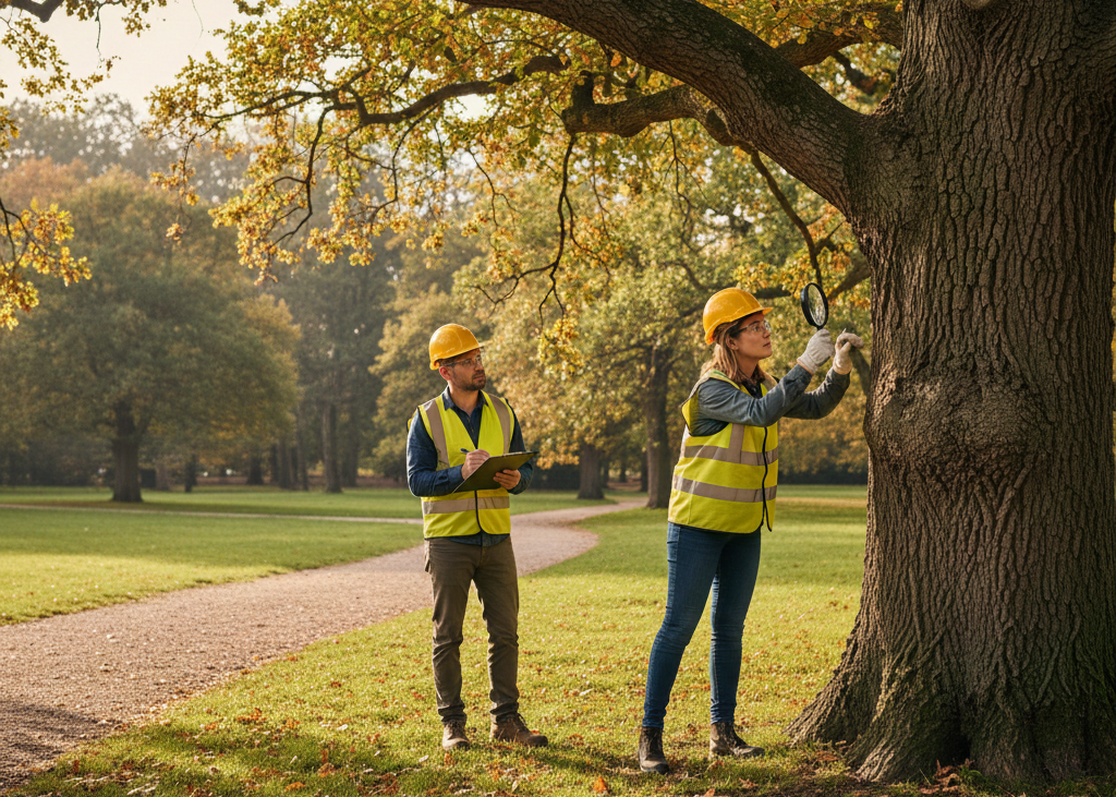 Certified arborist inspecting tree for disease and pests during seasonal checkup