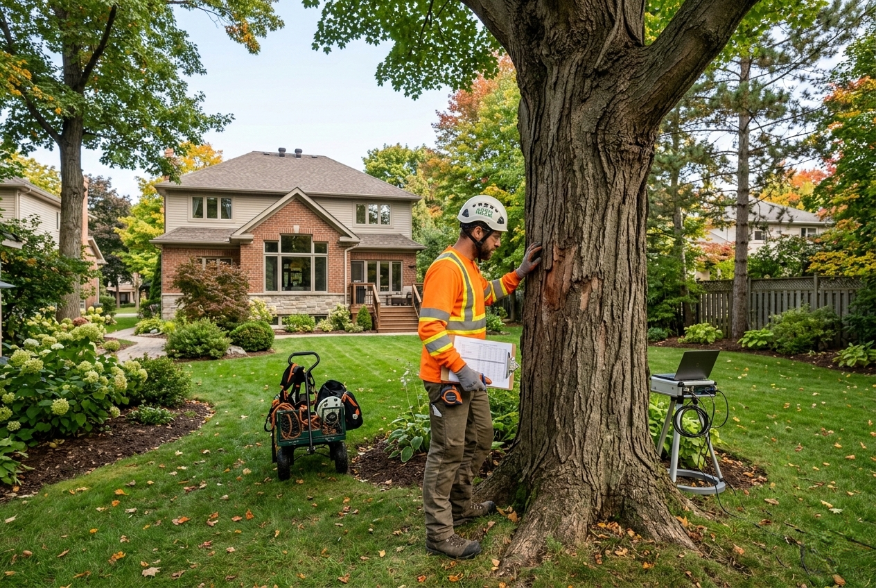 Arborist performing a tree inspection in Kanata to assess health and structural integrity.