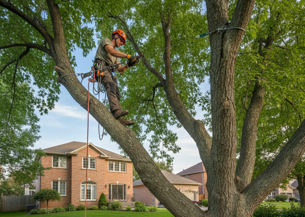 Arborist installing structural cables to support a multi-stemmed tree in Kanata, Ontario.