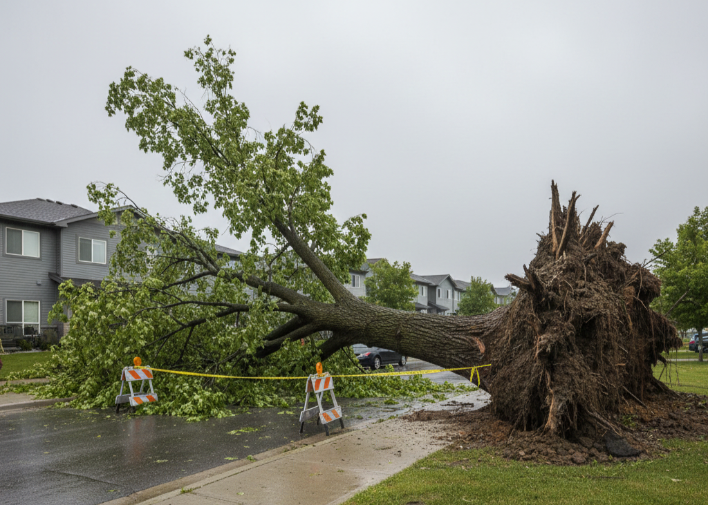 Fallen tree uprooted by severe storm in Kanata