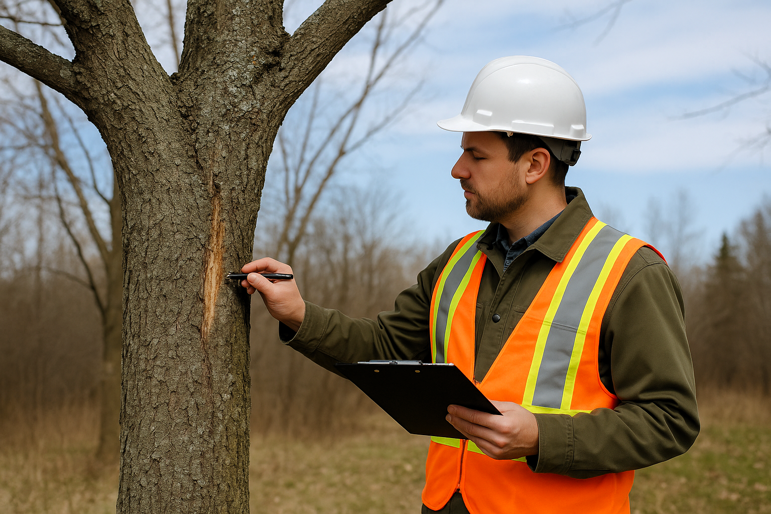 Tree expert in safety gear inspecting damaged tree trunk with clipboard outdoors