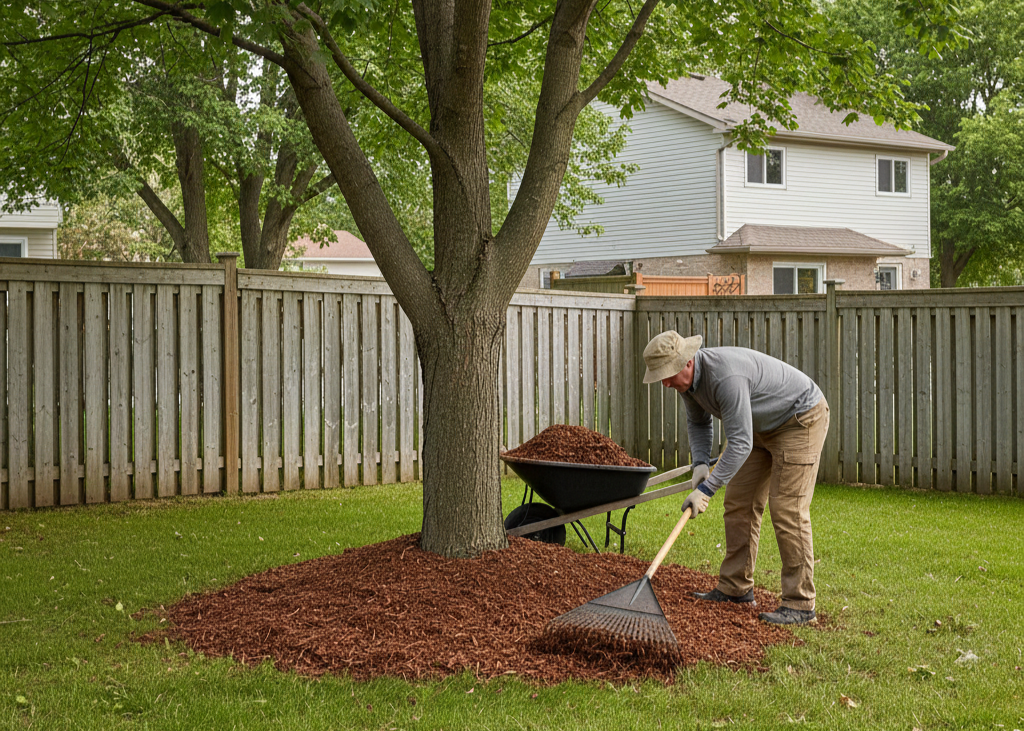 Man raking mulch around the base of a mature tree in his backyard.
