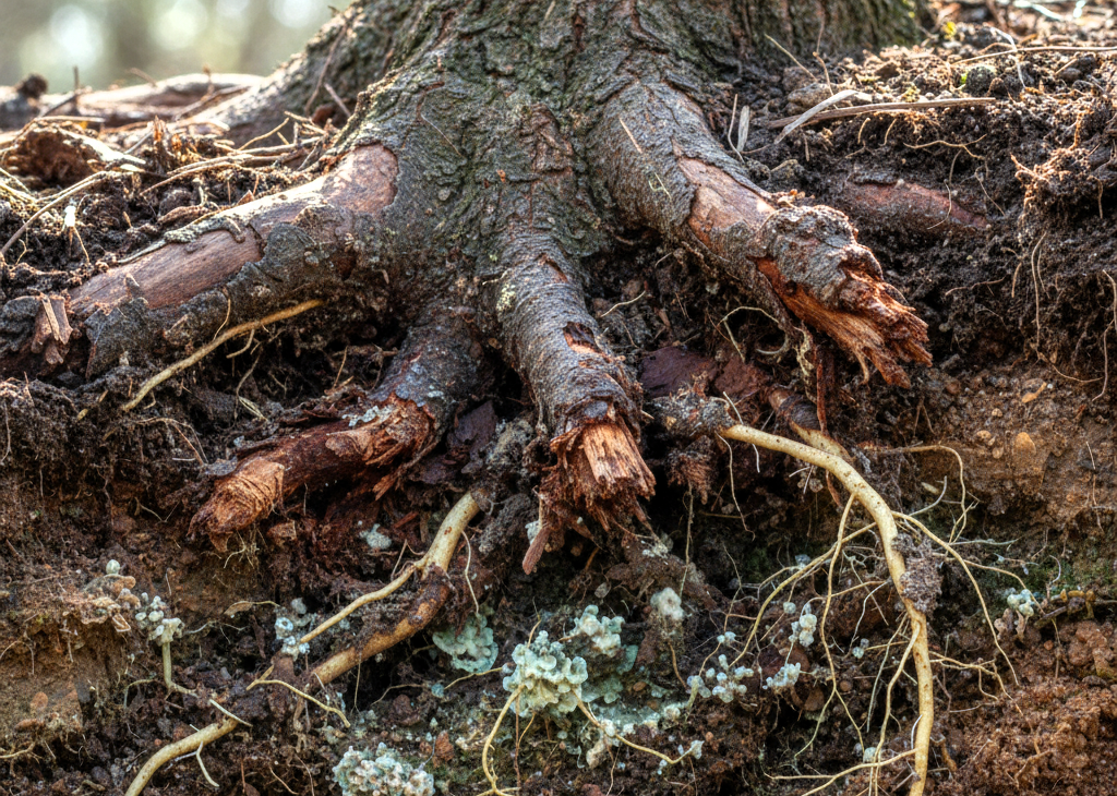 Close-up of tree root decay in soil