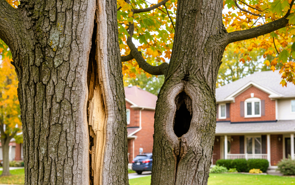 Tree trunks with a large vertical split and a dark hollow cavity