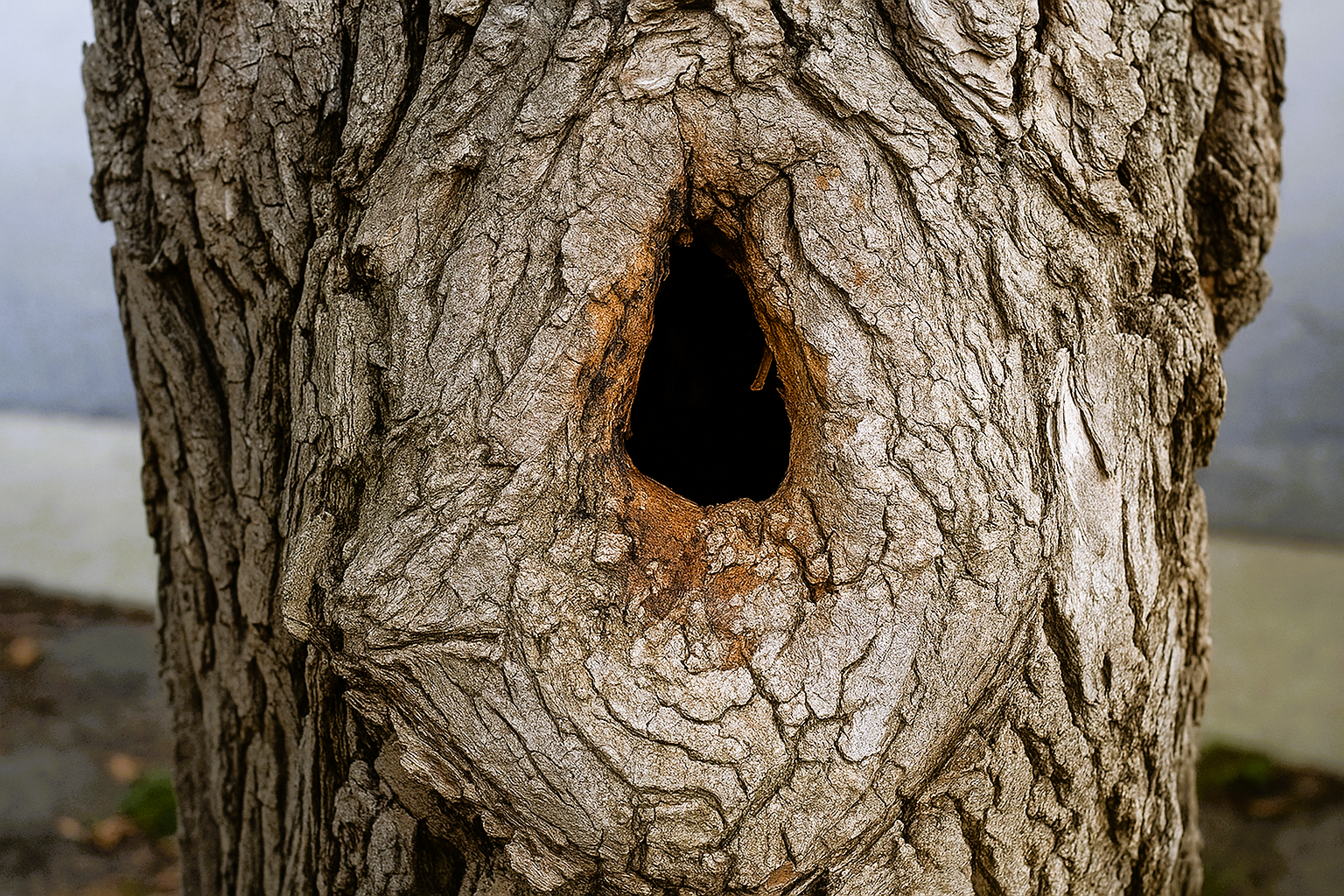 Close-up of rotten hole in a tree trunk showing decayed wood and cavity damage