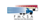 The logo for fmcsa is a blue truck with a red white and blue trailer.