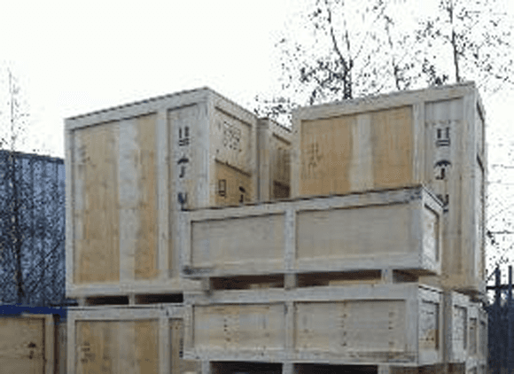 A shipping container being packed for export