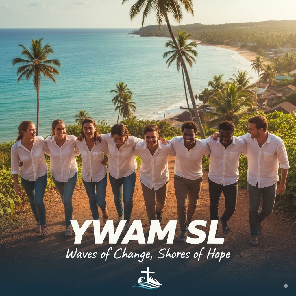Group of young adults smiling, arm-in-arm, overlooking a scenic beach with palm trees. YWAM SL 