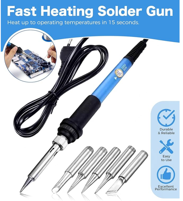 Fast heating soldering gun with several tips; blue handle; heats in 15 seconds.