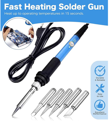 Fast heating soldering gun with several tips; blue handle; heats in 15 seconds.