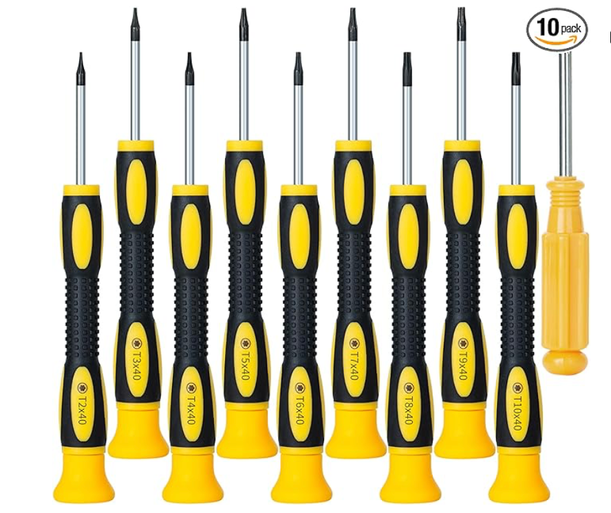 Set of ten screwdrivers with black and yellow handles.