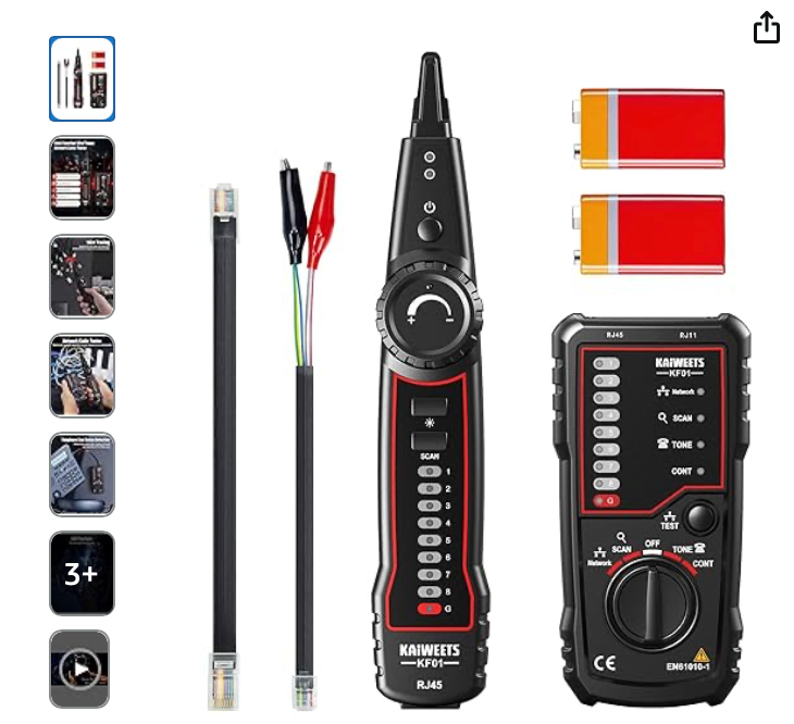 A wiring tracer kit with a probe, multimeter, and test leads. The set is black and red.