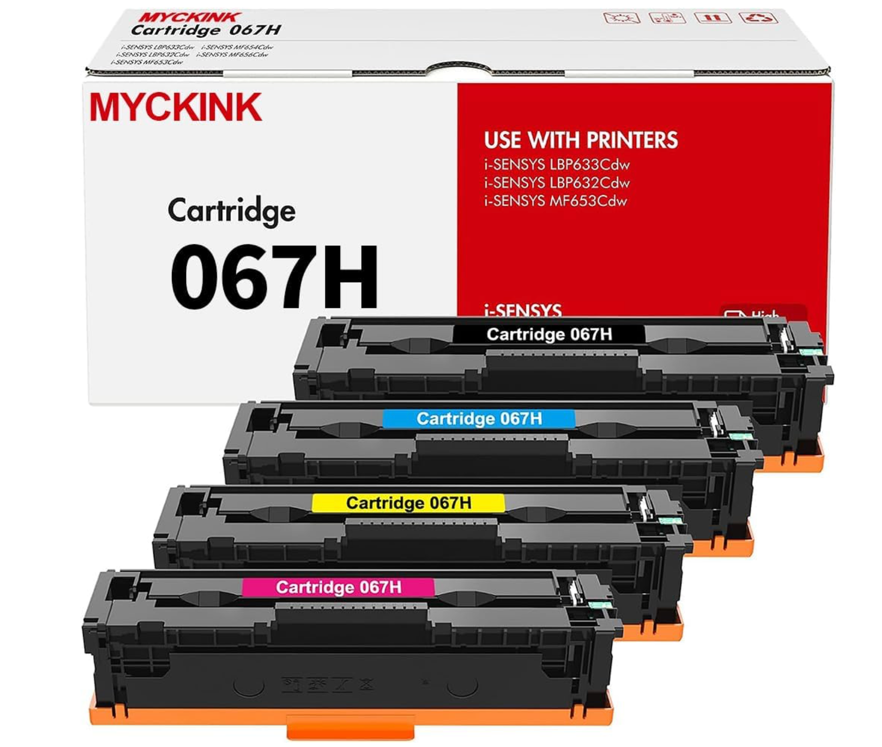 Box set of MYCKINK 067H ink cartridges: black, cyan, yellow, and magenta. donate