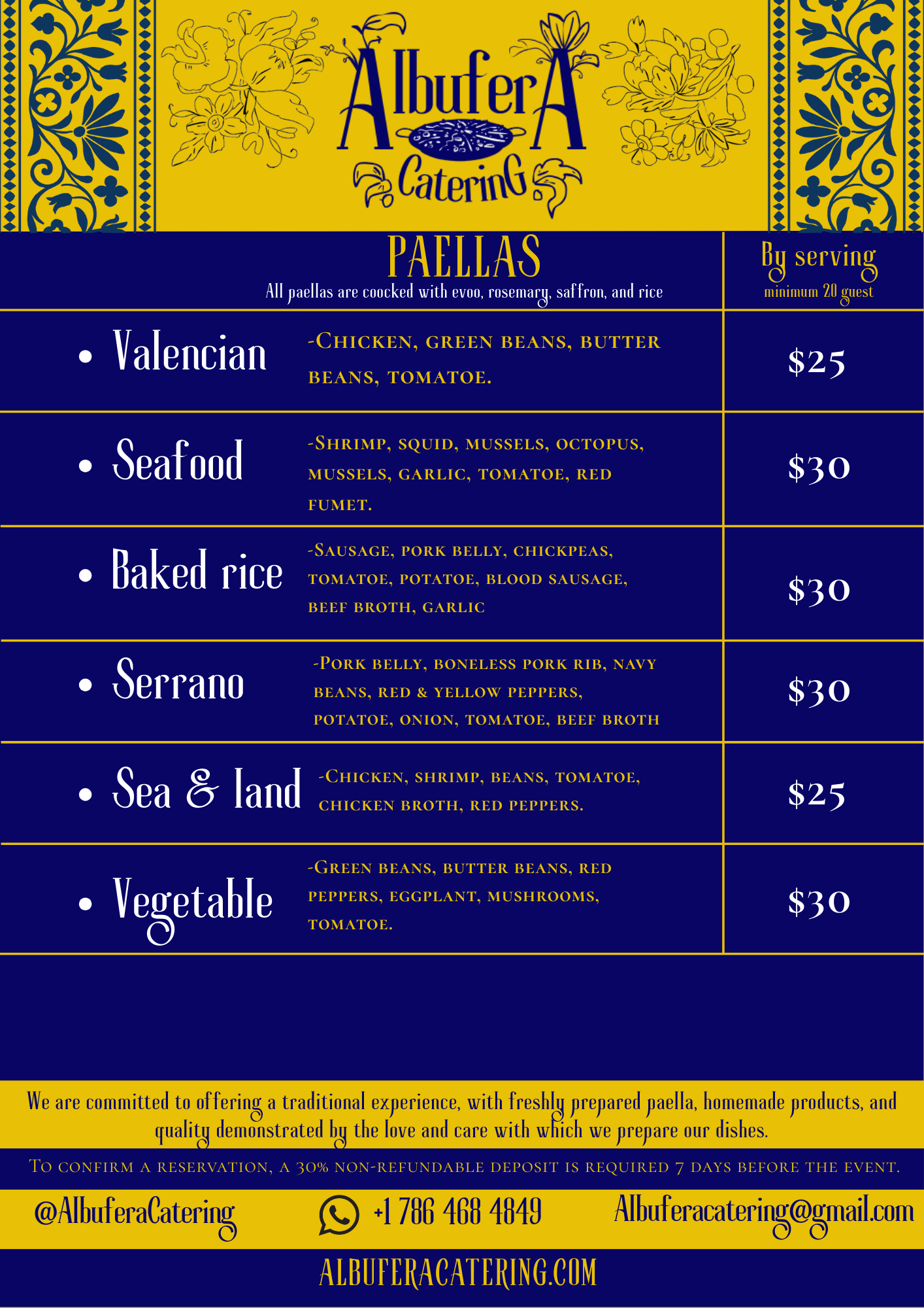 Menu for Albufera Catering, listing different paella dishes and prices.
