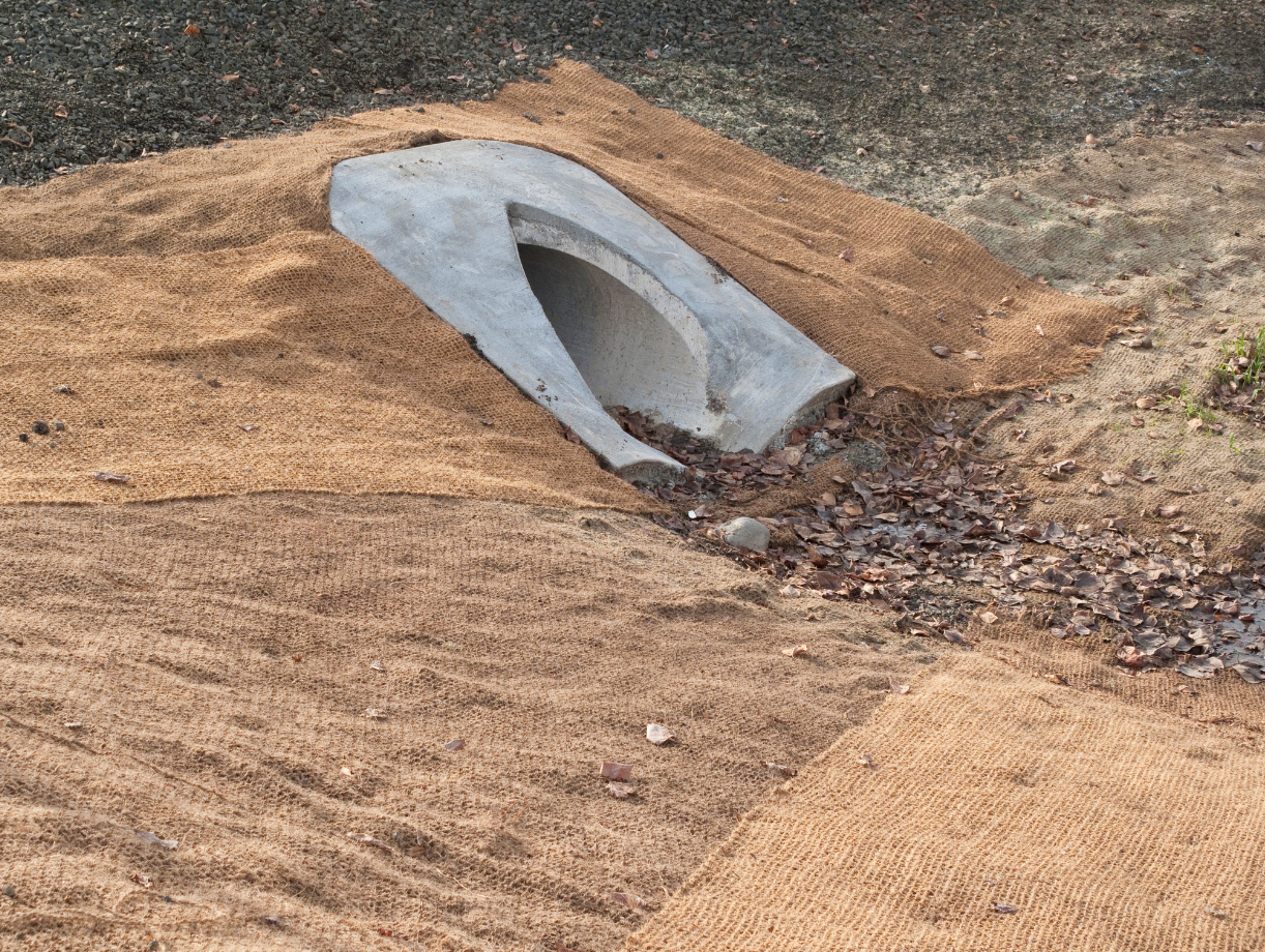 a concrete pipe is sitting on top of a pile of sand