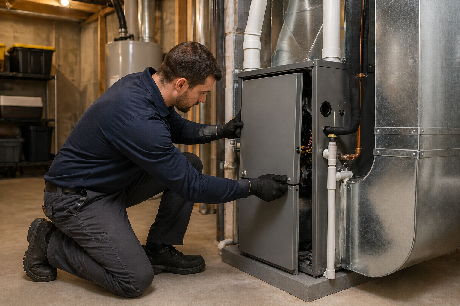 Technician kneeling to open an HVAC unit in a metal utility room