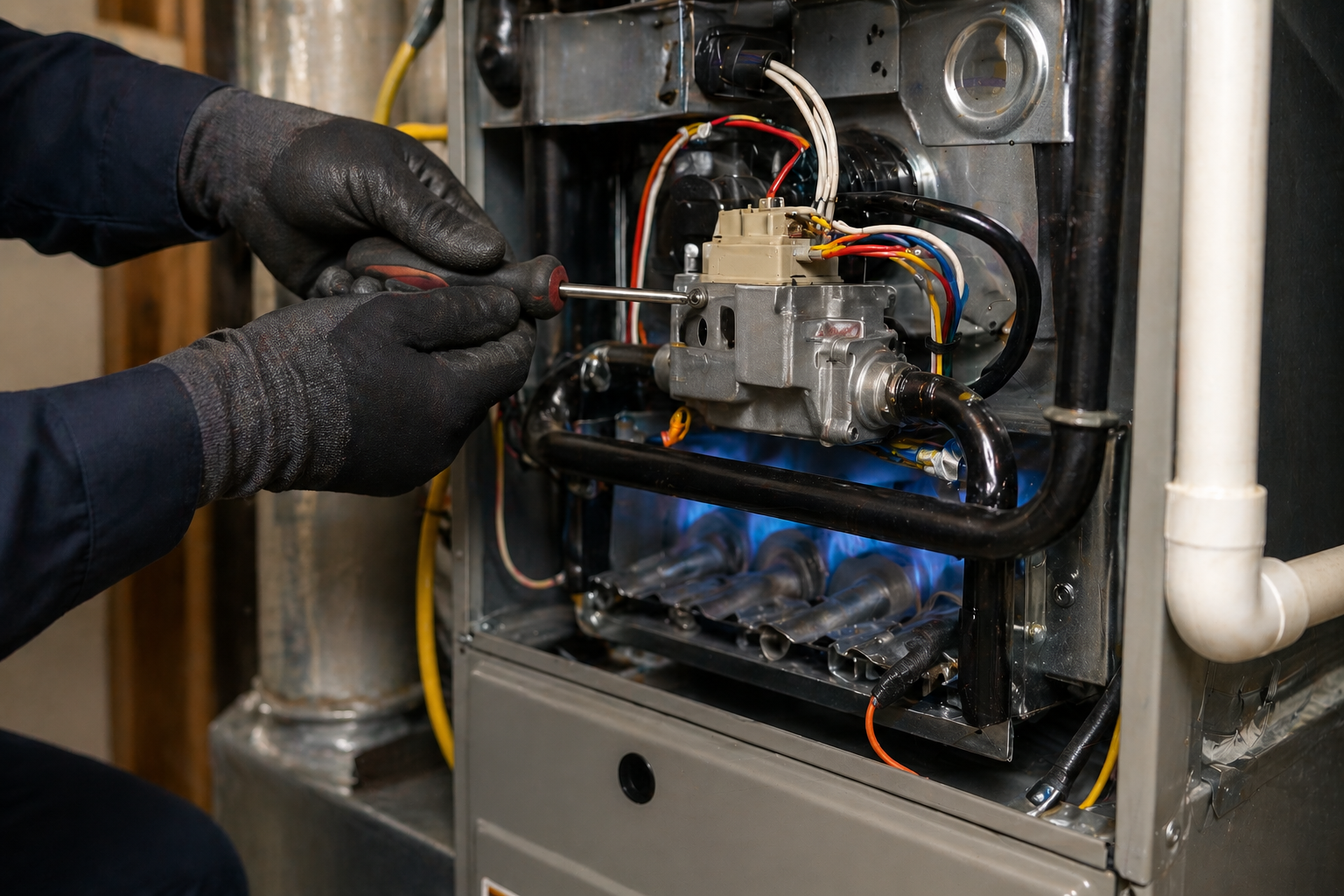 Gloved hands adjusting wiring inside an open gas furnace with blue flames visible inside.