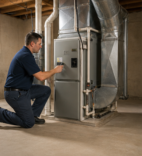 Technician kneeling beside a home furnace, inspecting the control panel in a basement.