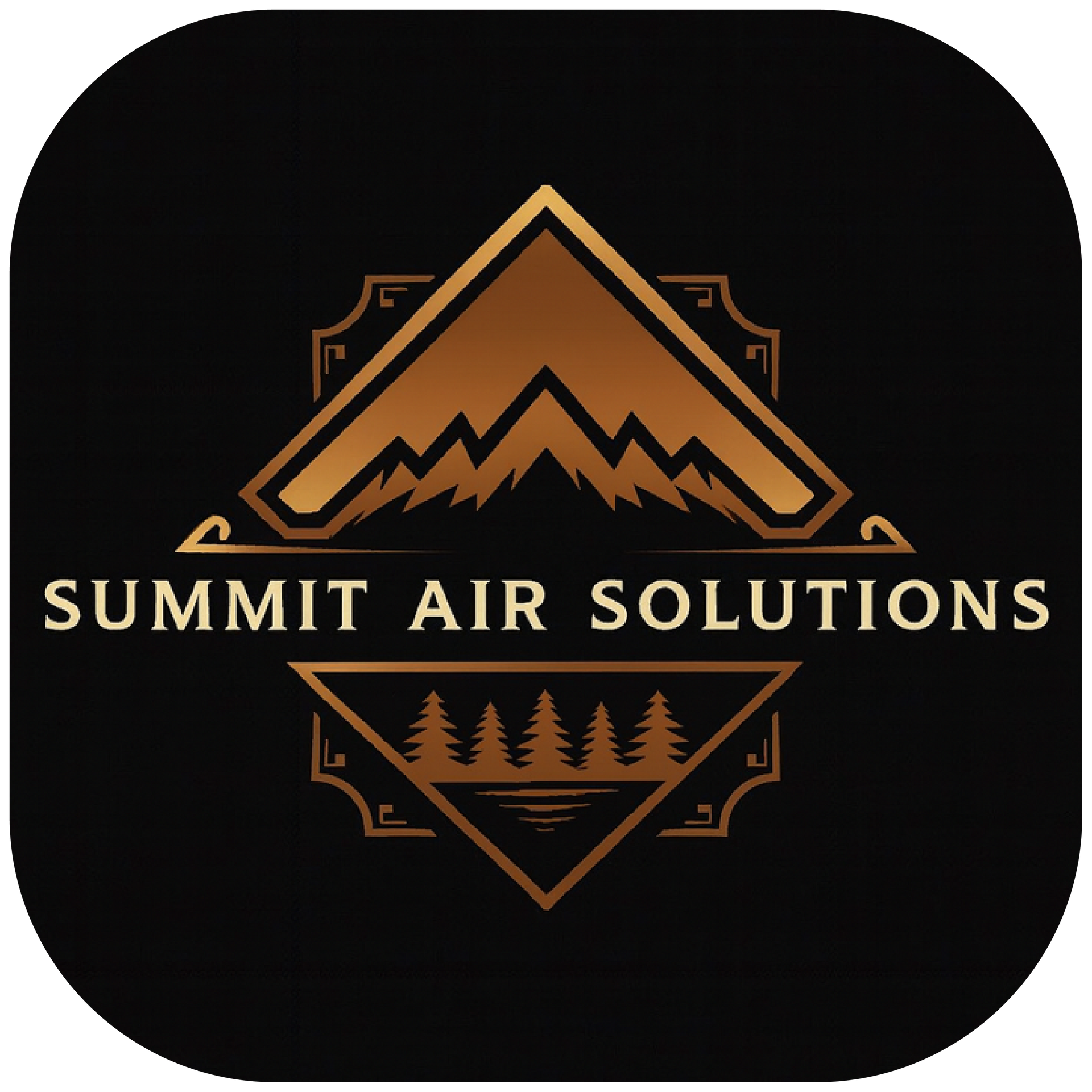 Summit Air Solutions logo with copper mountain peaks and pine trees on a black background