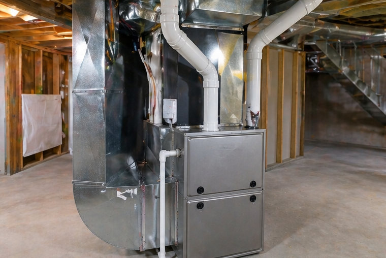 Metal HVAC furnace and ductwork in an unfinished basement with exposed wooden framing