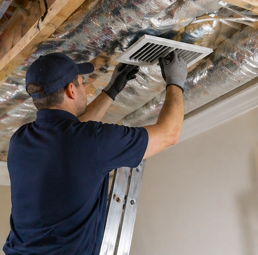 Technician installing a ceiling air vent in an unfinished attic with foil insulation