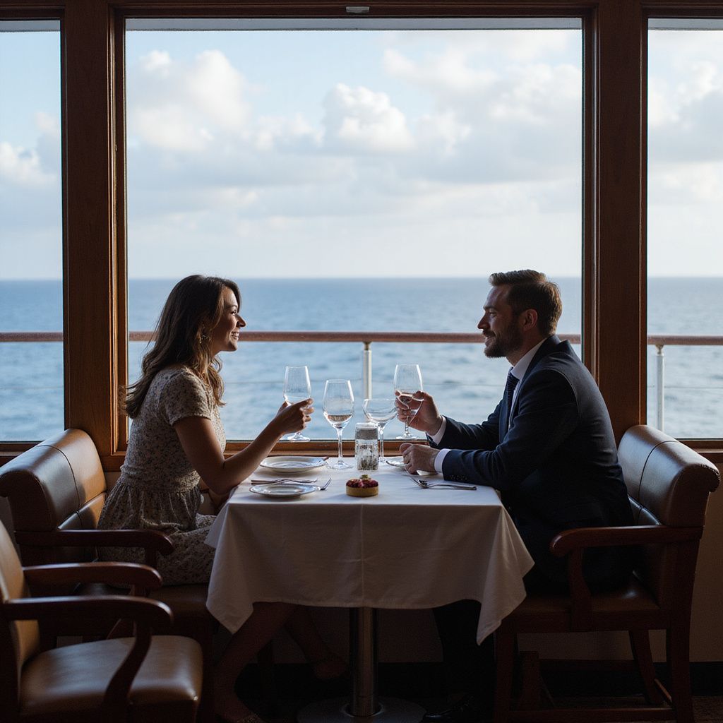 Couple toasting wine at a table by a window overlooking the ocean.