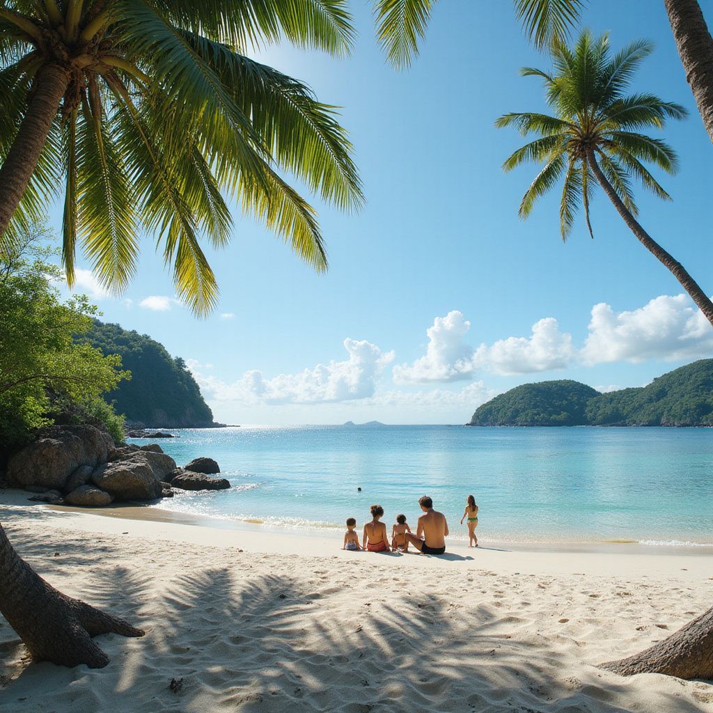 Family of five on a tropical beach, with palm trees, blue water, and islands under a sunny sky.