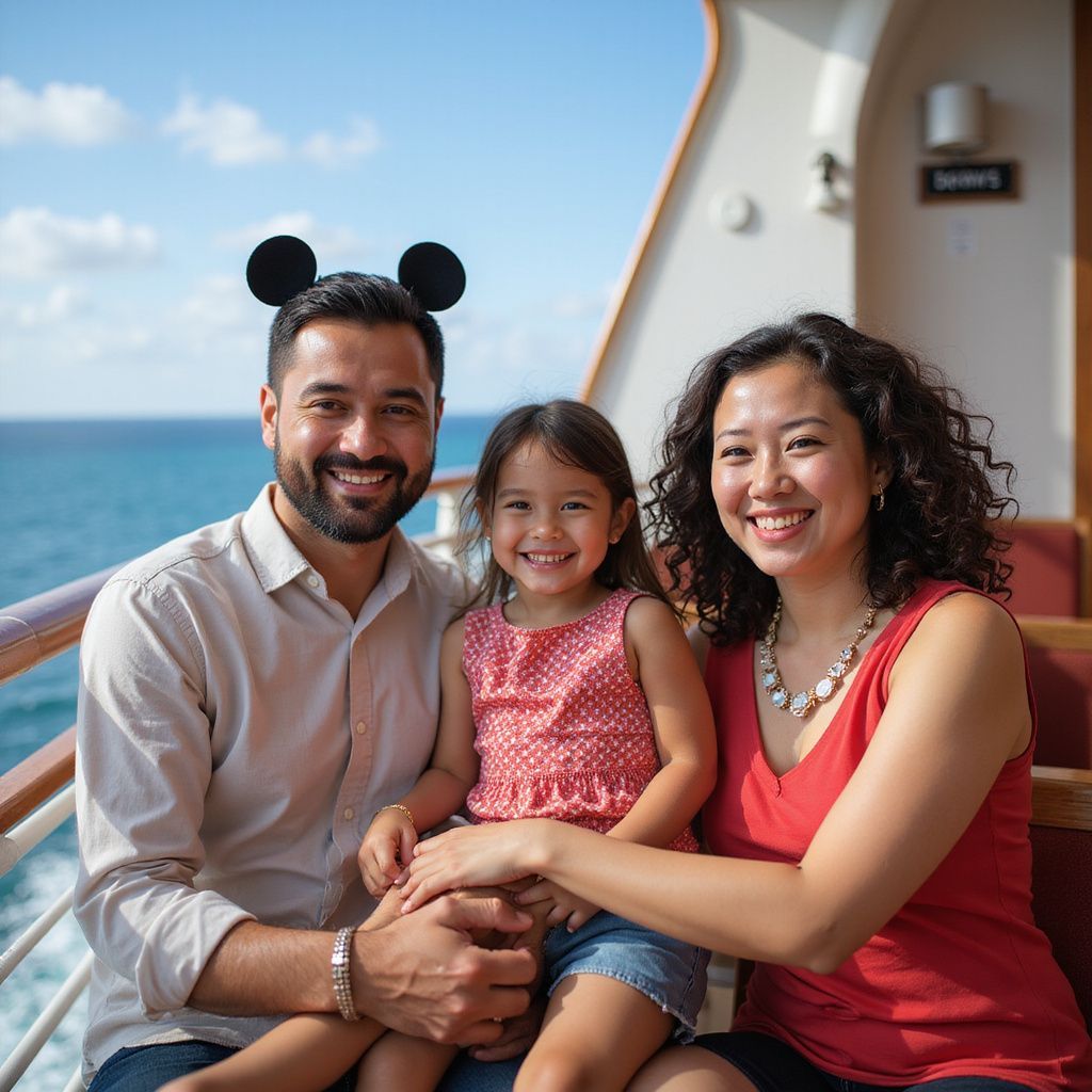 Family of three smiling on a boat: man with Mickey ears, girl in red, woman in red, ocean backdrop.