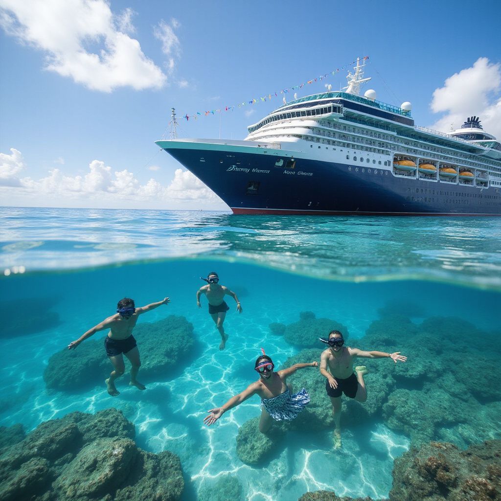 People snorkeling near coral reef, with a cruise ship in the background on a sunny day.