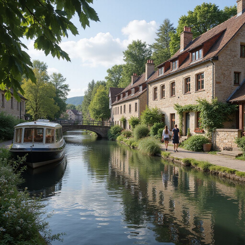 A boat on a canal next to stone buildings. Two people walk on a path; green trees surround.