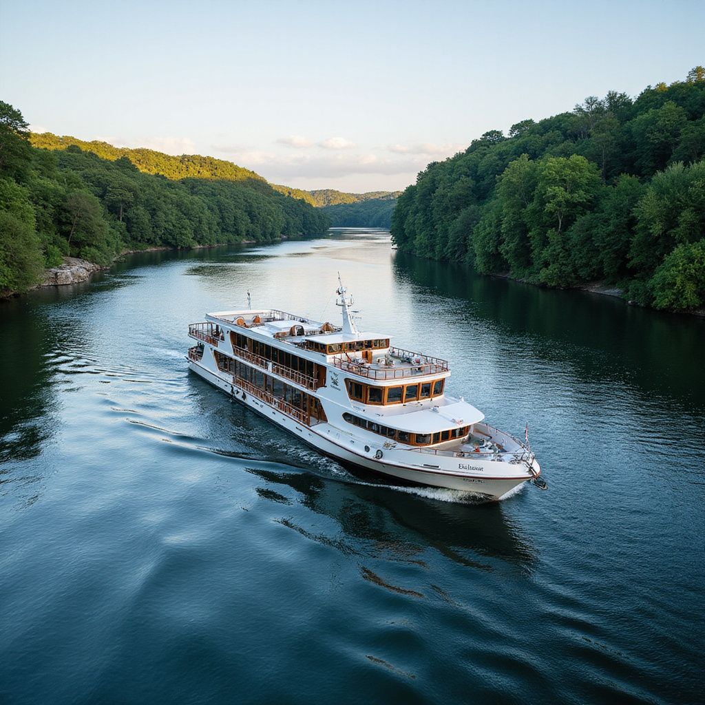 Cruise ship sailing down a river surrounded by lush green trees.