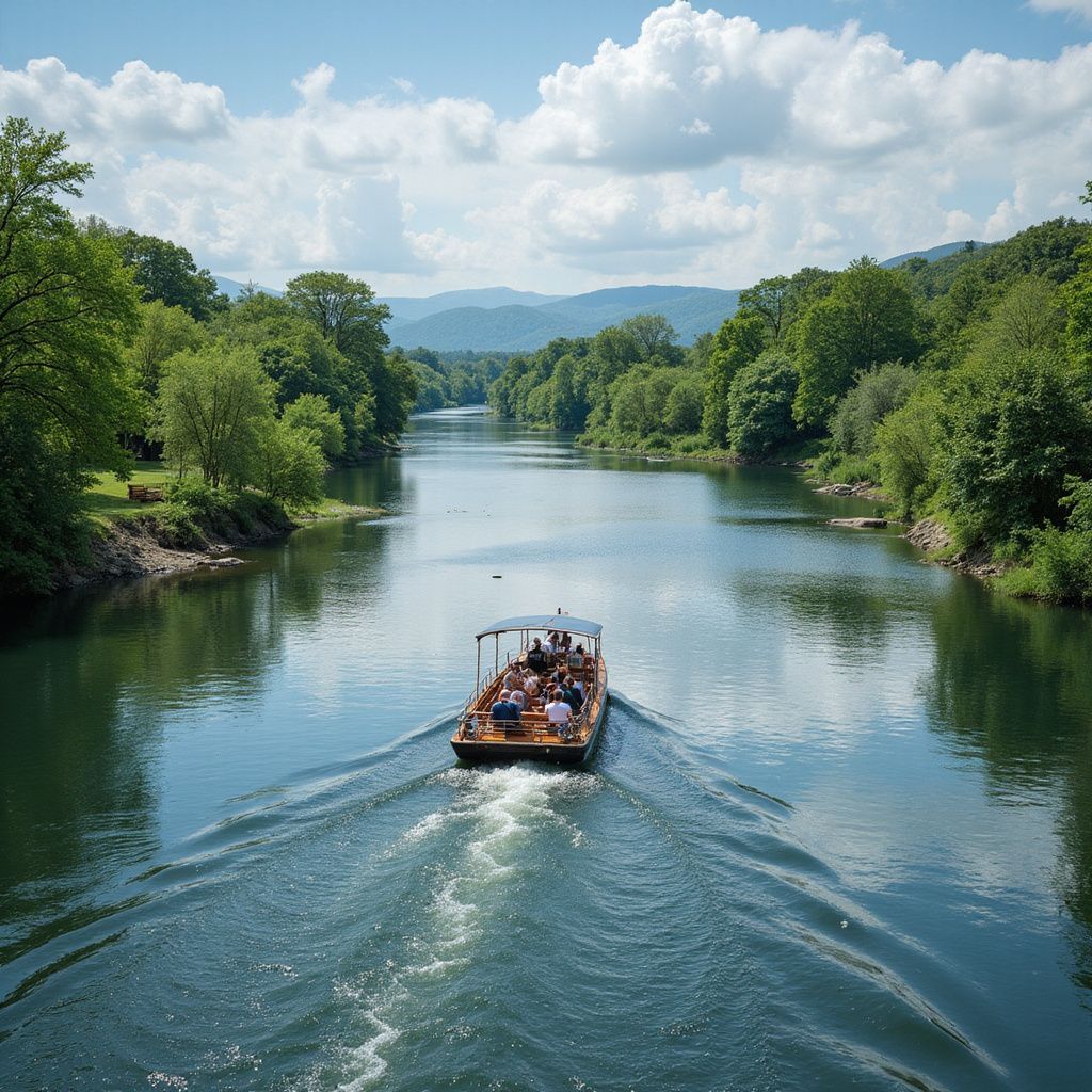 A boat with people travels down a river lined by trees, mountains in the distance on a sunny day.