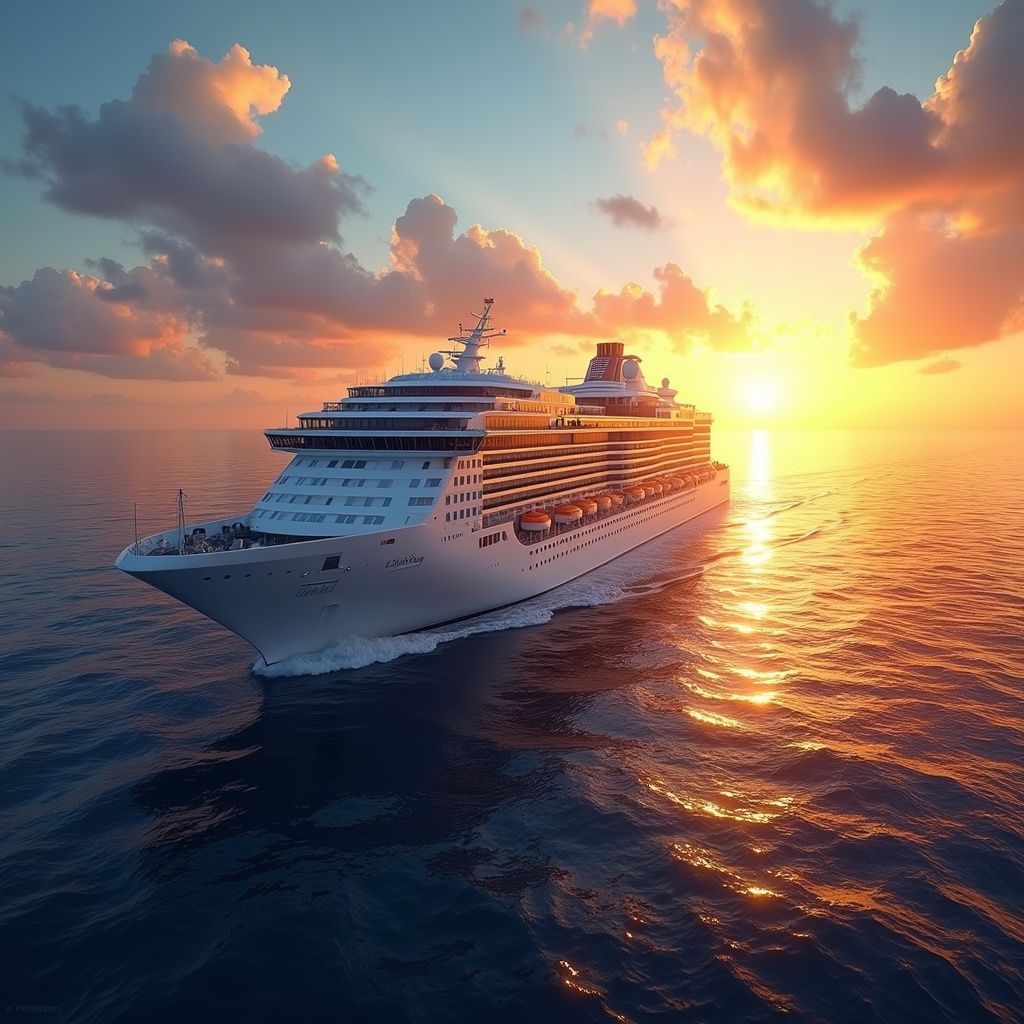 Cruise ship sailing on ocean at sunset, golden light reflecting on water and clouds.