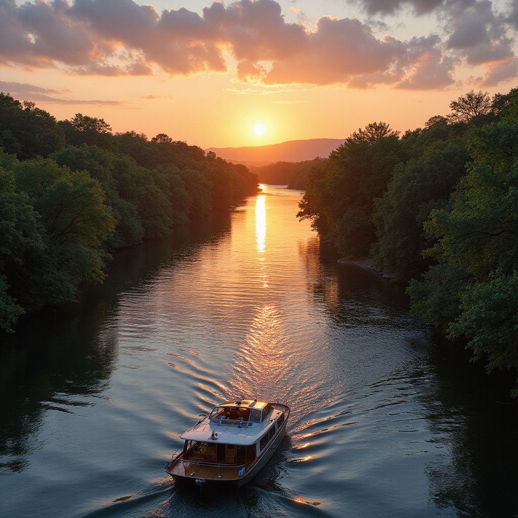Boat on a river at sunset, with golden light reflecting in the water. Lush trees line the banks.