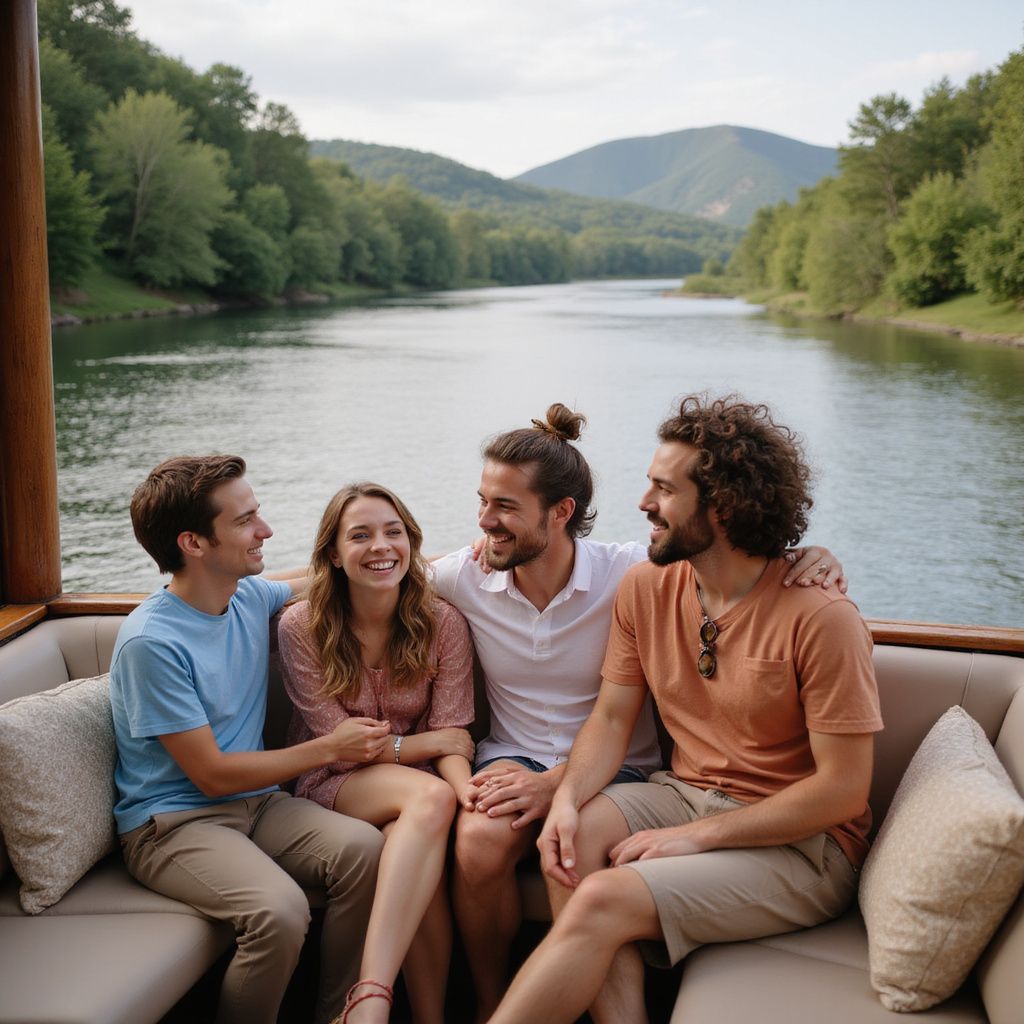 Four friends on a boat, laughing, with a river and mountains in the background.