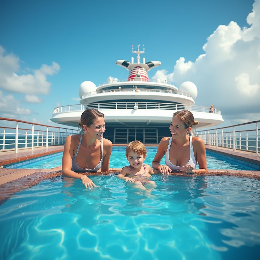 Two women and a child in a pool on a cruise ship deck, smiling, with blue sky and ship details in the background.