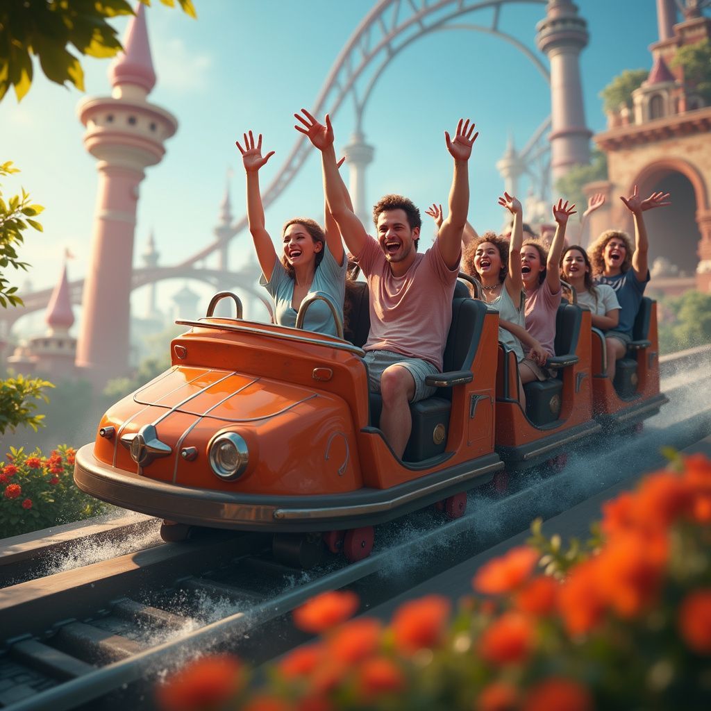 People on a water ride at an amusement park with arms raised. Bright colors, blue sky, and floral accents.
