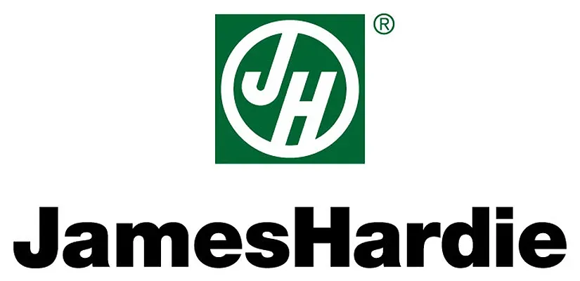 James Hardie logo: Green square with "JH" inside a circle, text "JamesHardie" below.