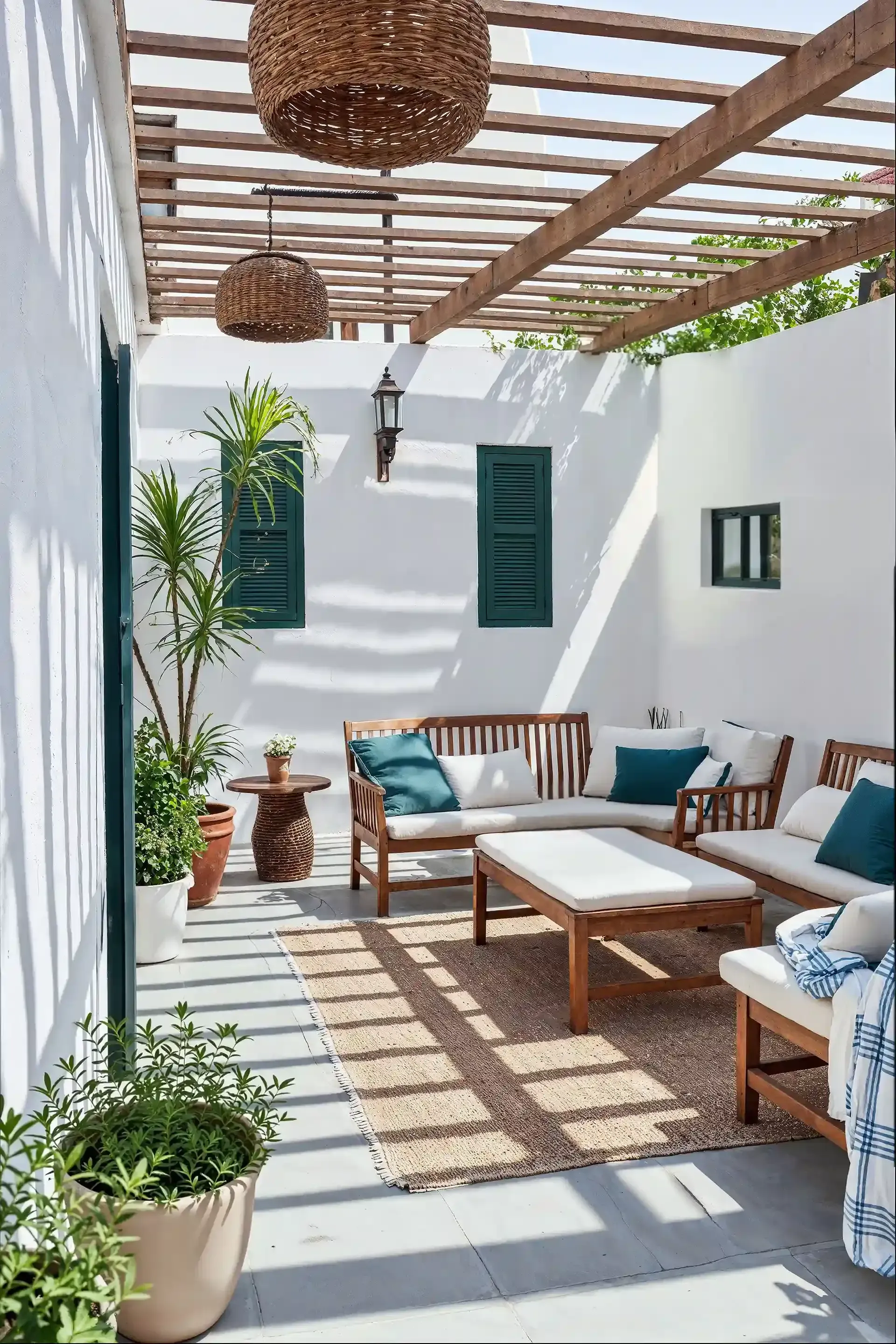 Patio with white walls, wooden pergola, and seating. Woven pendant lights, teal accents, and potted plants.