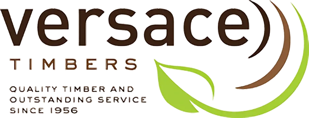 Versace Timbers logo: brown text and green leaf-like design; "Quality Timber and Outstanding Service Since 1956".