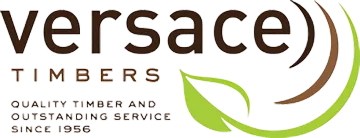 Versace Timbers logo: brown text and green leaf-like design; "Quality Timber and Outstanding Service Since 1956".