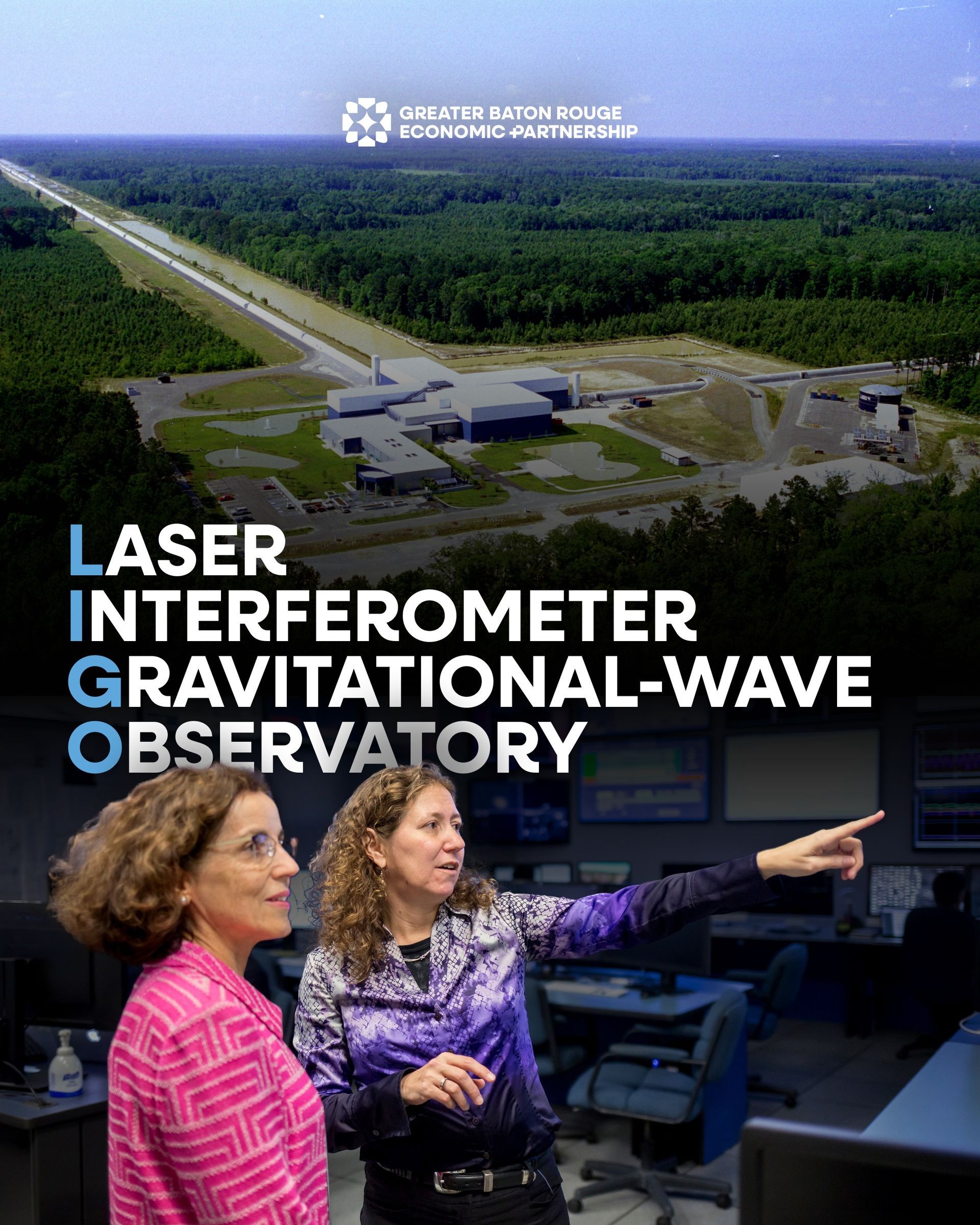 LIGO observatory aerial view with two women pointing at monitors in a control room