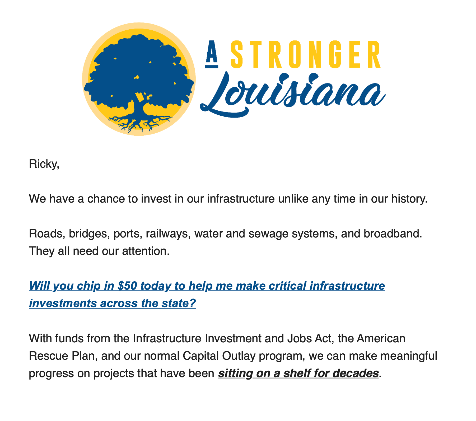 A Stronger Louisiana campaign email with blue and gold logo and text